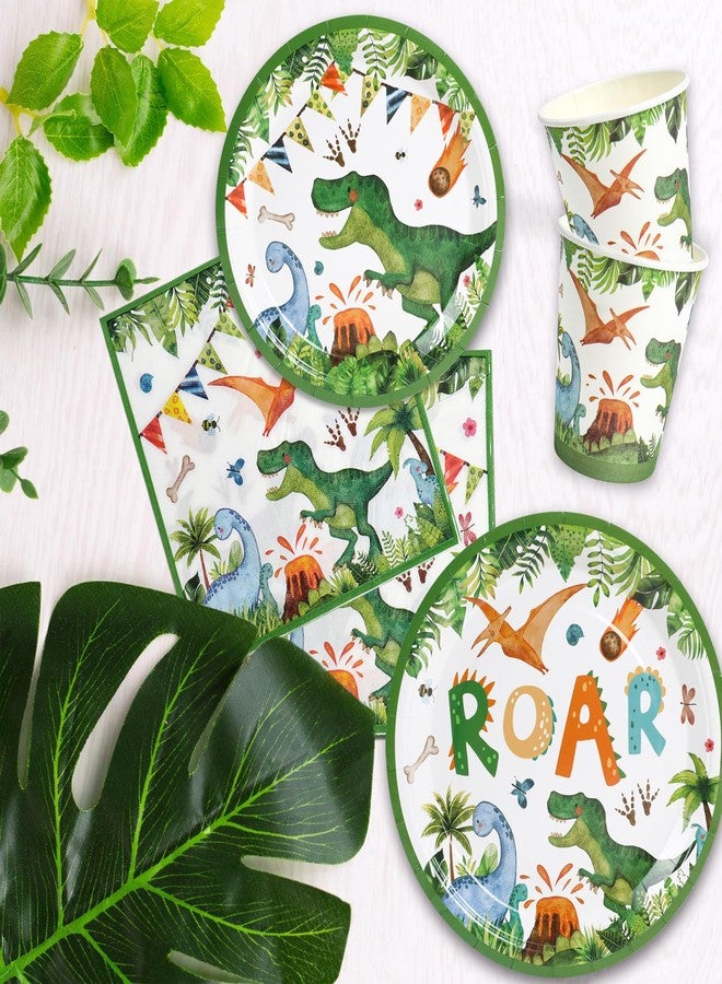 QIFU 96Pcs Dinosaur Birthday Party Supplies -24 Guest Dino Plates Cups and Napkins For Boys Kids three rex Birthday decorations Baby Shower - Image 4