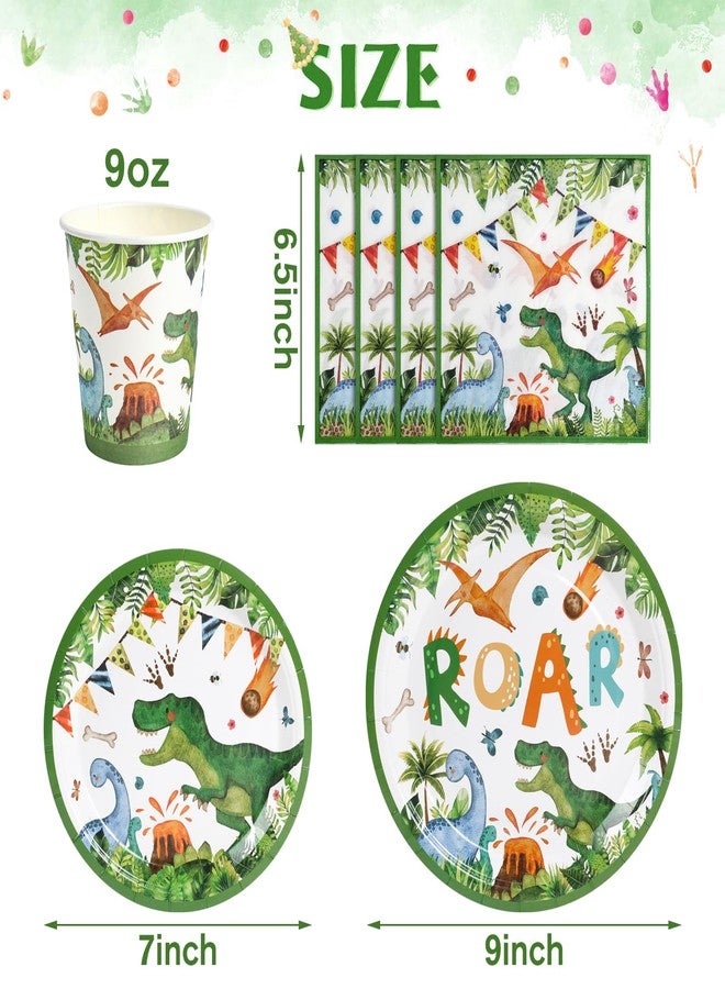 QIFU 96Pcs Dinosaur Birthday Party Supplies -24 Guest Dino Plates Cups and Napkins For Boys Kids three rex Birthday decorations Baby Shower - Image 2