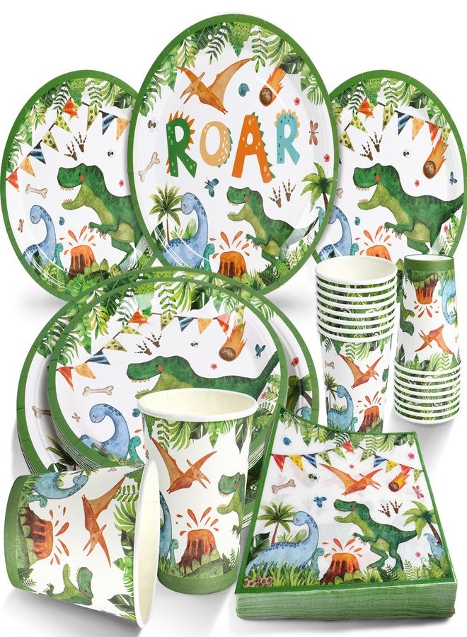 QIFU 96Pcs Dinosaur Birthday Party Supplies -24 Guest Dino Plates Cups and Napkins For Boys Kids three rex Birthday decorations Baby Shower - Image 1