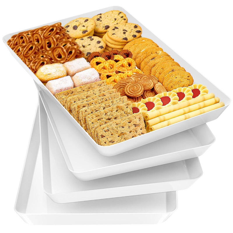 SpaceTrove 4-Pack Serving Tray Set, Reusable Plastic Serving Platter for Party Supplies, Entertaining, Grilling Accessories, Stackable Kitchen Snack Box Container for Dessert, Fruit, Cookie, (White) - Image 1