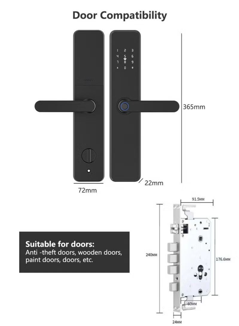 شاربدو قفل باب ذكي ببصمة الإصبع، قفل باب دخول بدون مفتاح، قفل ذكي إلكتروني مع تطبيق tuya، بصمة الإصبع والمفتاح، كلمة المرور - Image 1