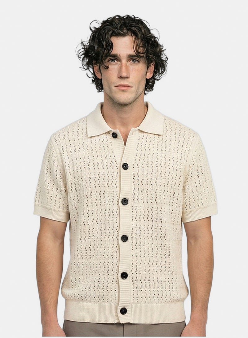 RAVIN Men Stone Textured Knit Button-Down Polo Shirt - Image 1