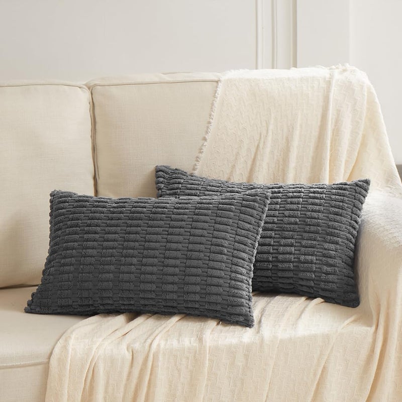 Fancy Homi 2 Packs Dark Grey Decorative Throw Pillow Covers 12x20 Inch for Living Room Couch Bed Sofa Rustic Farmhouse Boho Home Decor Soft Striped Corduroy Square Cushion Case 30x50 cm