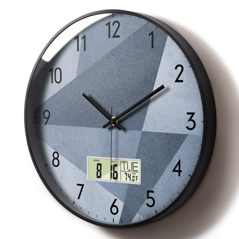 Stylish Silent NonTicking Round Digital Wall Clock Grey for Living Room Decor Analog Clocks Large Display Battery Operated Wall Mount Clock with Temperature Date Time Week for Office Bedroom 12 Inch