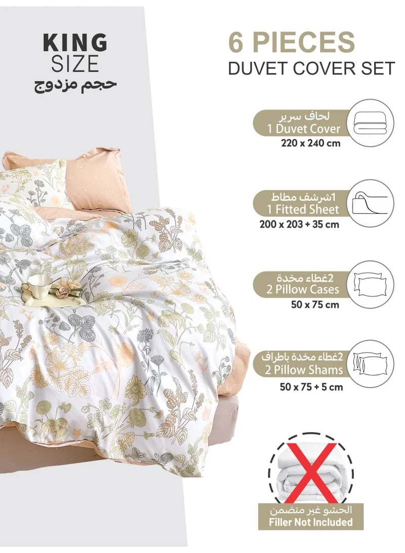 Donetella Printed Duvet Set, King Size 220x240 cm - 6-Pcs Bed Set, Microfiber Fabric - 1 Duvet Cover, 1 Fitted Sheet, 2 Pillow Shams, 2 Pillowcases (Filler Not Included)