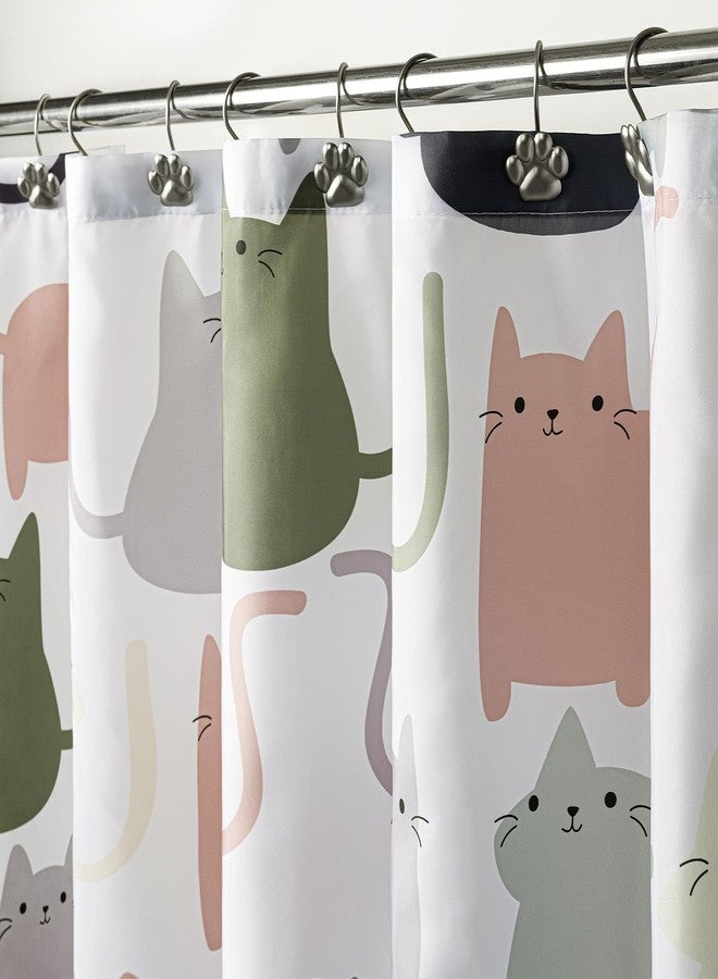 Sunlit ستارة دش قماشية بتصميم مشمس، لون أخضر مريح، قطط كرتونية لطيفة، ستائر زينة حمام للأطفال، 72x72 - Image 2