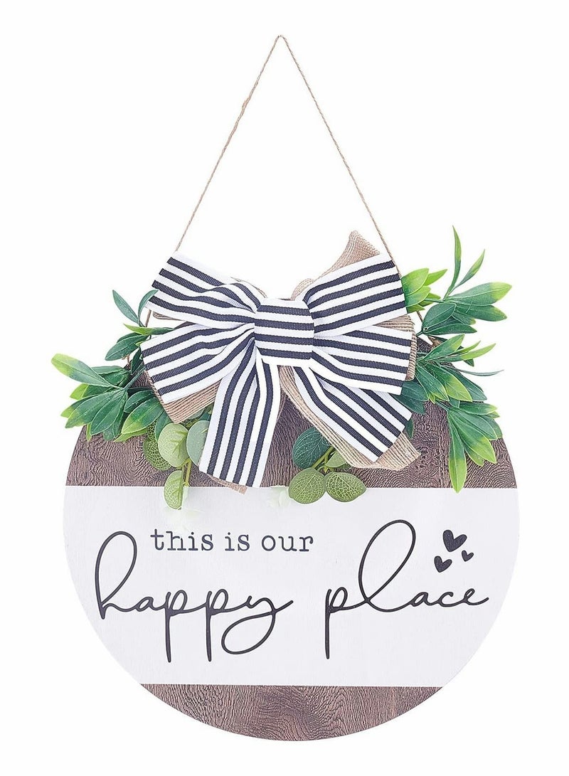 NIBEMINENT KASTWAVE Word Happy Place Bowknot Welcome Sign Flat Round Natural Wooden Doorplate Hanging Plaque Wall Decorations Door Decor for Home Outdoor - Image 1