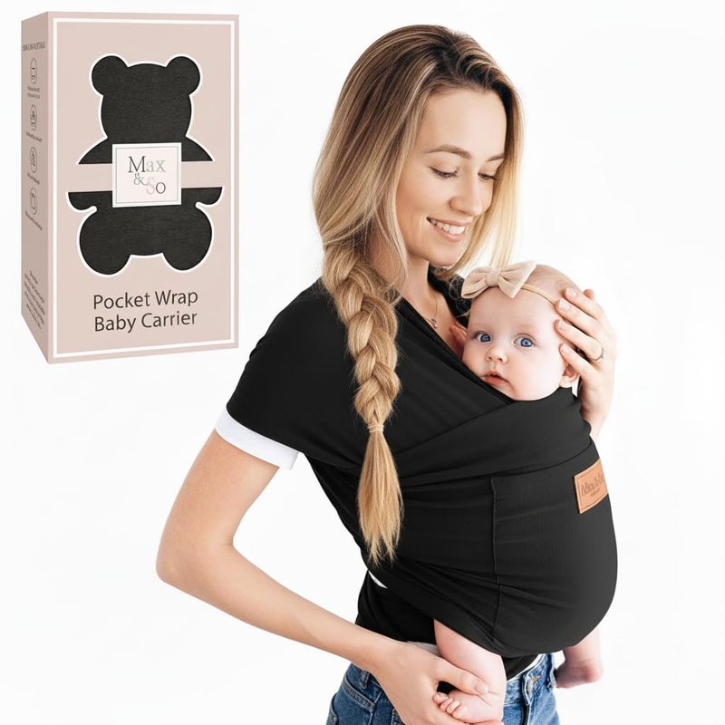 Max&So Baby Wrap Carrier - Premium Cotton Baby Carrier Wrap for Newborn to Toddler- Infant Carrier- Baby Holder One Size Fits All with Front Pocket (Black) by Max&so - Image 1