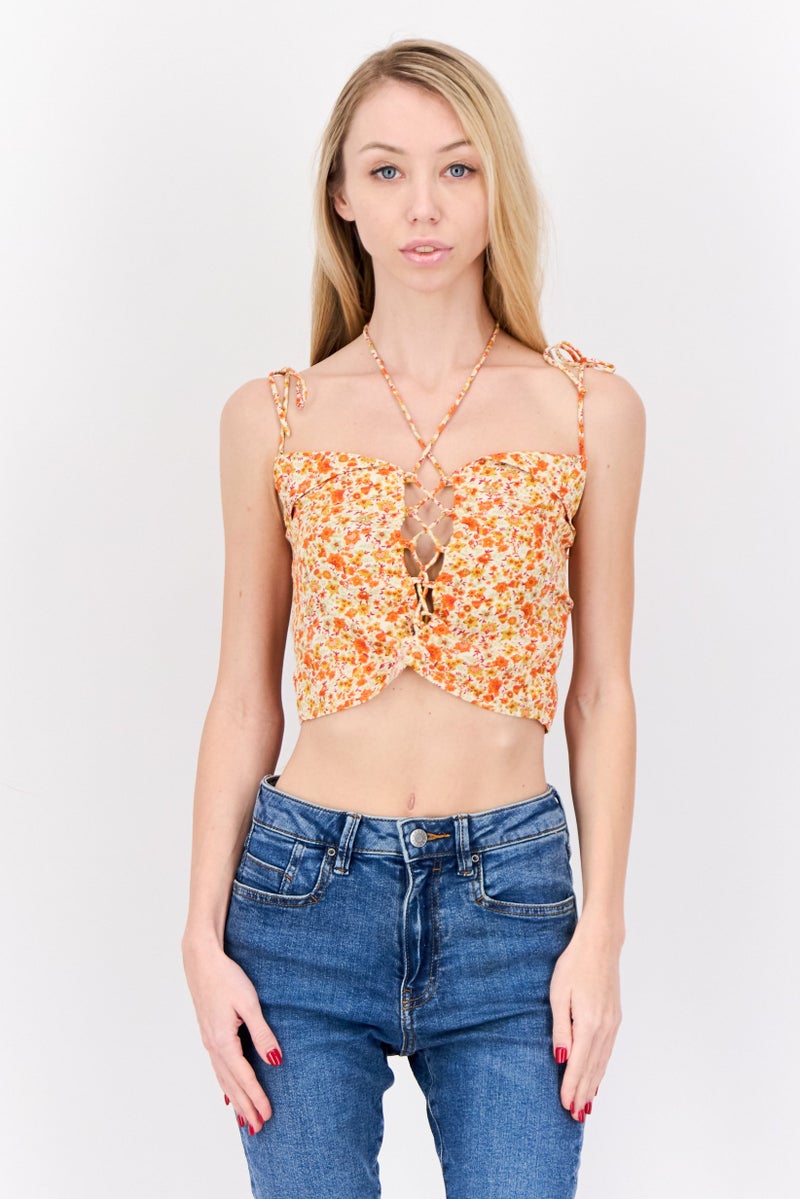 Motel Women Sweetheart Neck Sleeveless Allover Print Crop Top, Multicolor - Image 1