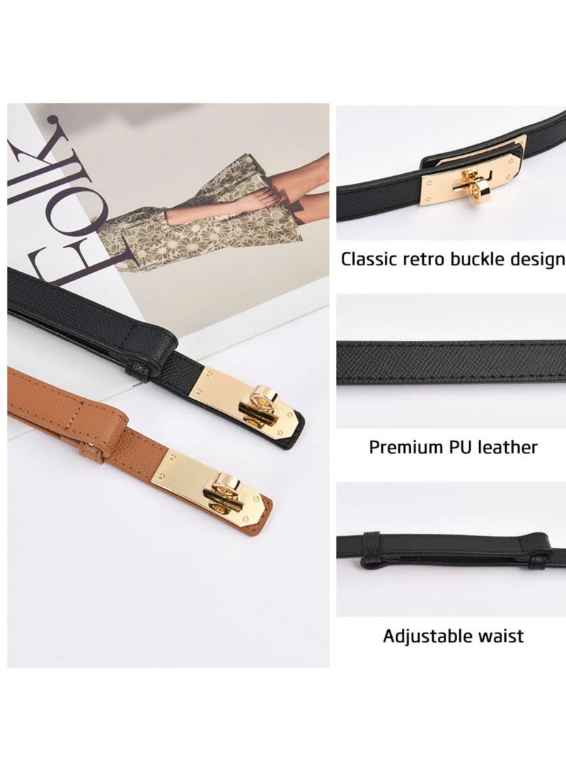 Excefore - Women Skinny Leather Belt, Skinny Elastic Thin Belt, Adjustable Fashion Dress Belt, Slim Thin Waist Belt Classic Solid Color Alloy Turn Lock, for Dresses Jeans Pants Coat - Image 1