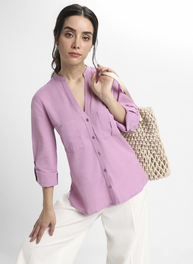 Dennis Lingo Lavender Regular Fit Double Pocket Top for Women - Cotton Flex, Full Sleeves, Casual - Image 5