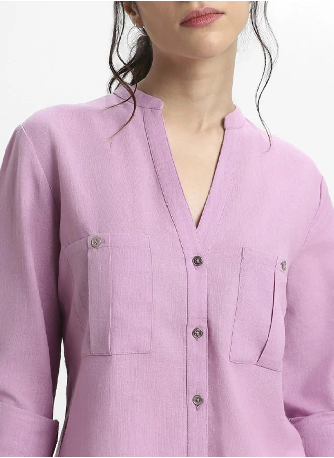 دينيس لينغو Lavender Regular Fit Double Pocket Top for Women - Cotton Flex, Full Sleeves, Casual