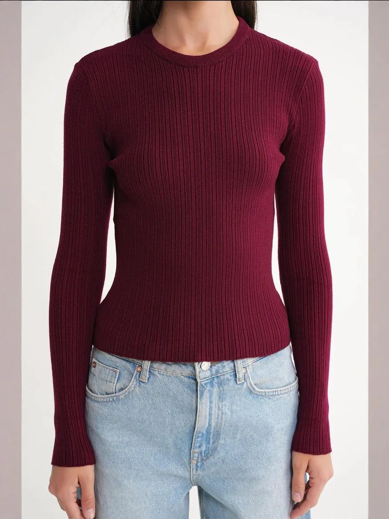 Mixray Burgundy Red Mixray Soft Textured Ribbed Fitted Top for Women | Best Price UAE