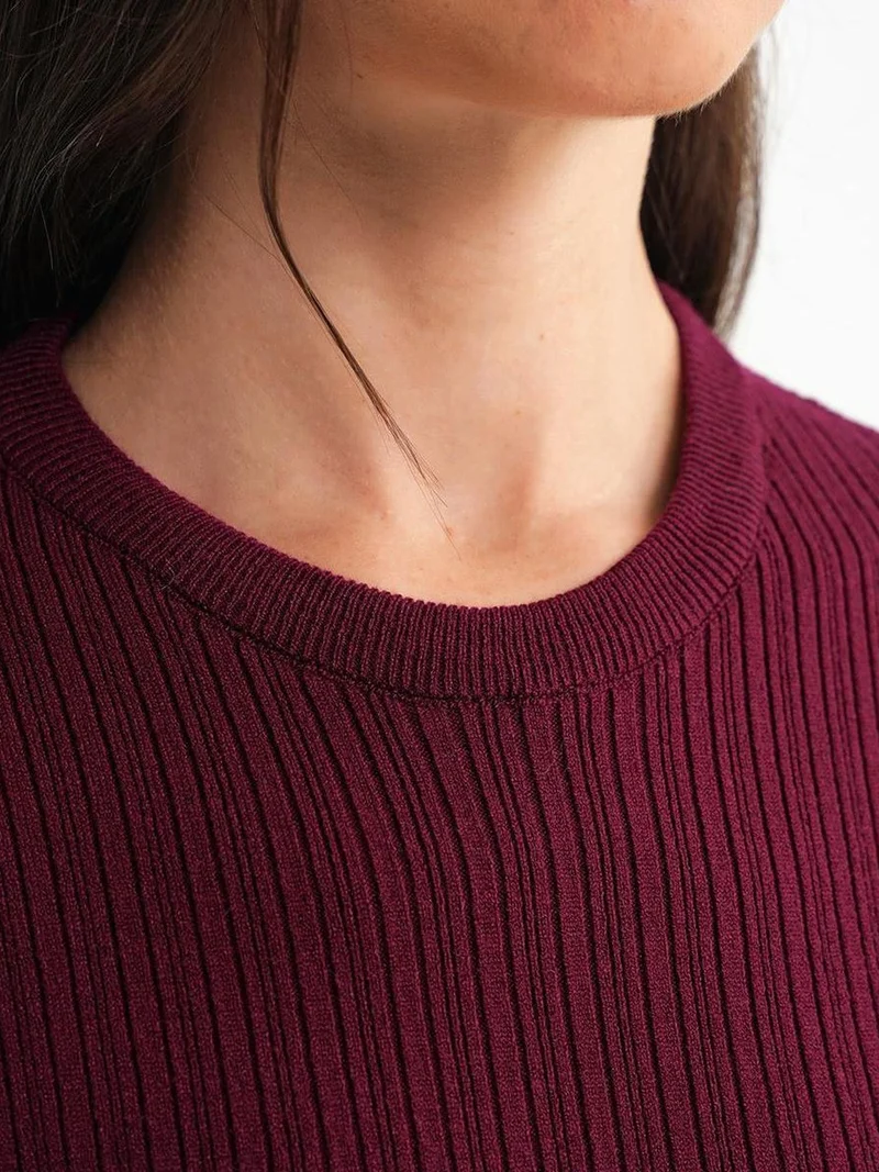 Mixray Burgundy Red Mixray Soft Textured Ribbed Fitted Top for Women | Best Price UAE