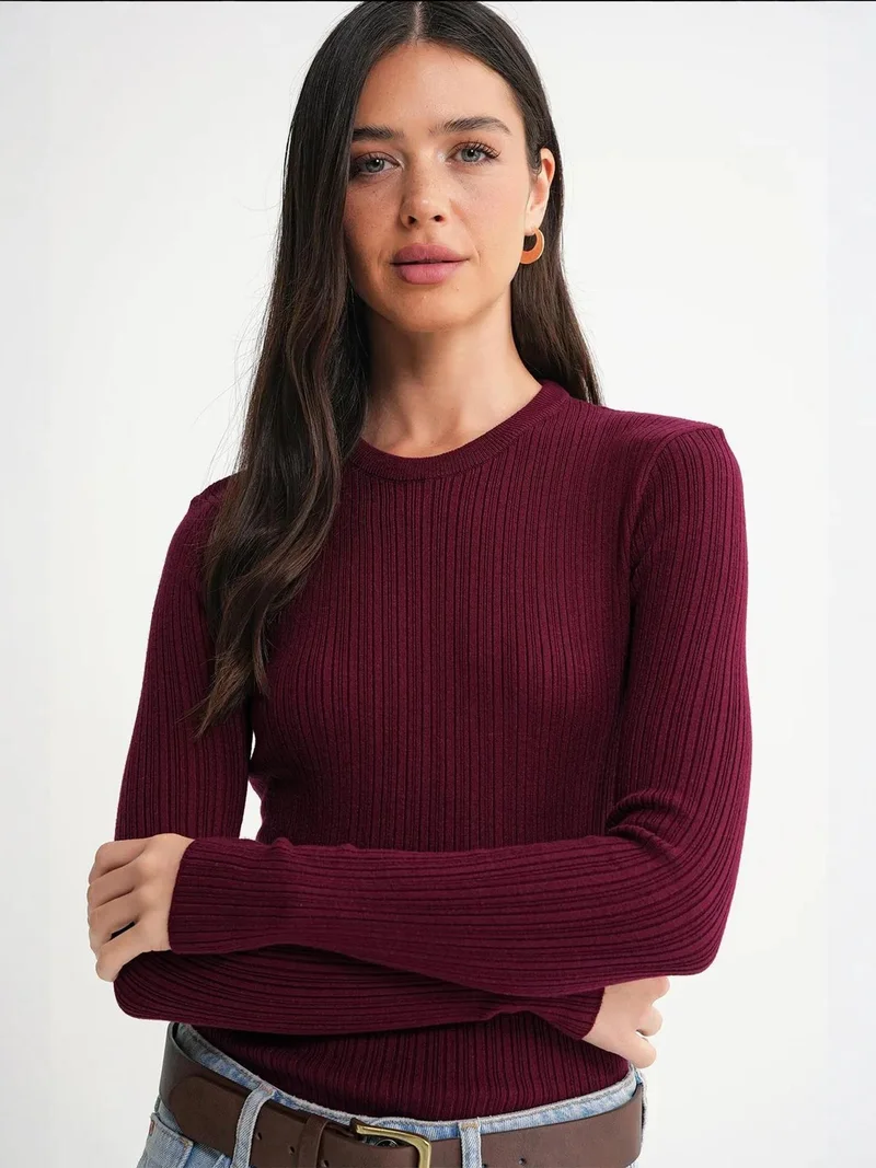 Mixray Burgundy Red Mixray Soft Textured Ribbed Fitted Top for Women | Best Price UAE