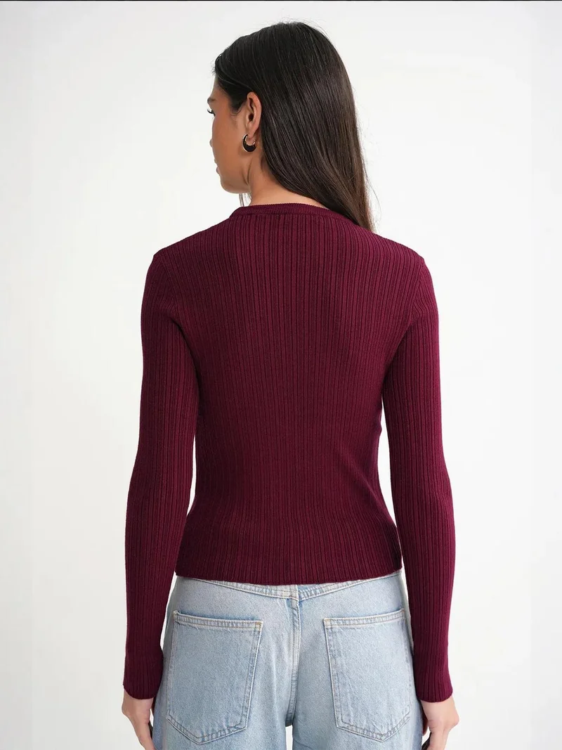 Mixray Burgundy Red Mixray Soft Textured Ribbed Fitted Top for Women | Best Price UAE