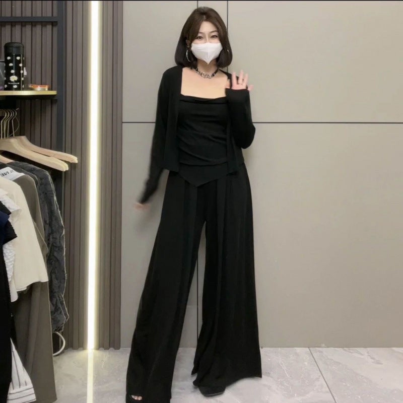 Lazy Casual suit Womens Spring and Autumn New Irregular Sling Cardigan High Waist Mop Pants Slimming Elegant Three-piece Set Black cardigan + suspenders + pants [three-piece set]