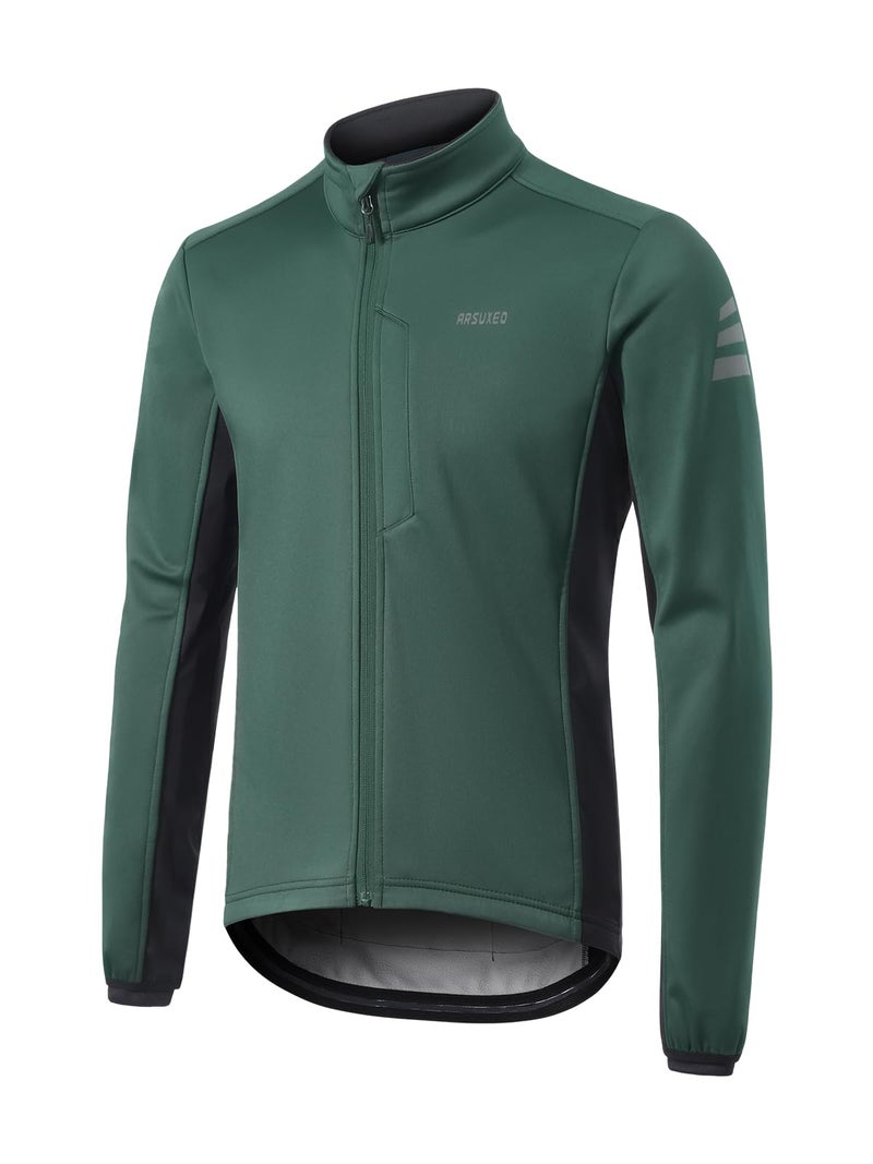 ARSUXEO Winter Cycling Jacket for Men Softshell Fleece MountainBike Biking Bicycle Jacket Thermal Windbreaker Dark Green Large - Image 1