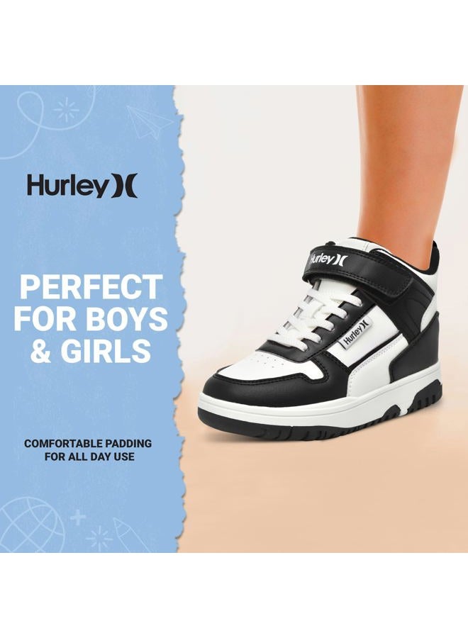 Hurley Kids' Carson High-Top Sneakers with Adjustable Strap, High Top Shoes for Kids, Sturdy Padded High Cut Sneakers for Boys and Girls, Fashionable Basketball Shoes for Kids, Black and White, 1 - Image 3