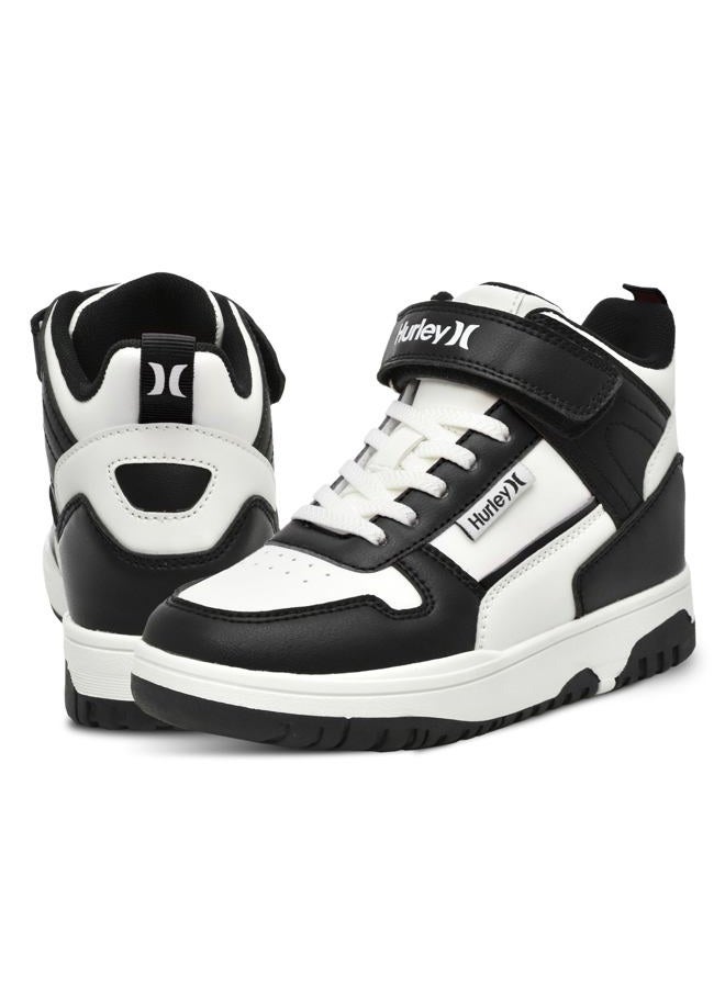 Hurley Kids' Carson High-Top Sneakers with Adjustable Strap, High Top Shoes for Kids, Sturdy Padded High Cut Sneakers for Boys and Girls, Fashionable Basketball Shoes for Kids, Black and White, 1 - Image 1