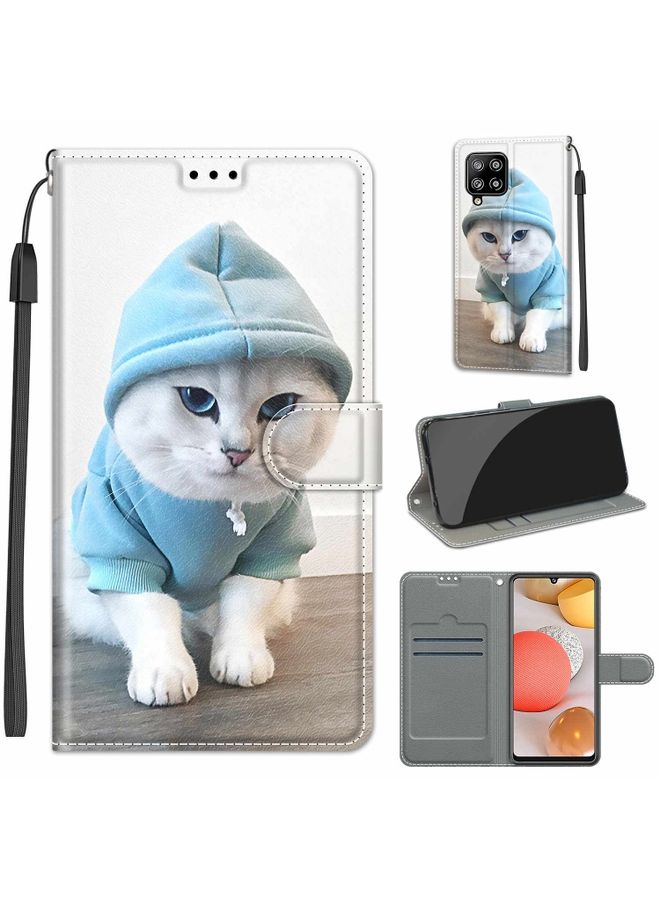 Case Cover For Samsung Galaxy A42 5G Voltage Colored Drawing Magnetic Clasp Horizontal Flip PU Leather Case with Holder & Card Slots C15 Blue Sweater White Cat