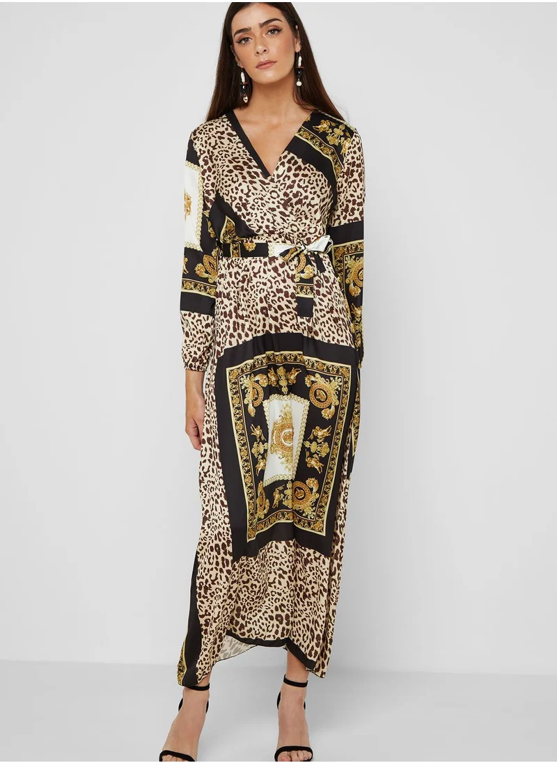 Ginger Mixed Print Wrap Front Maxi Dress