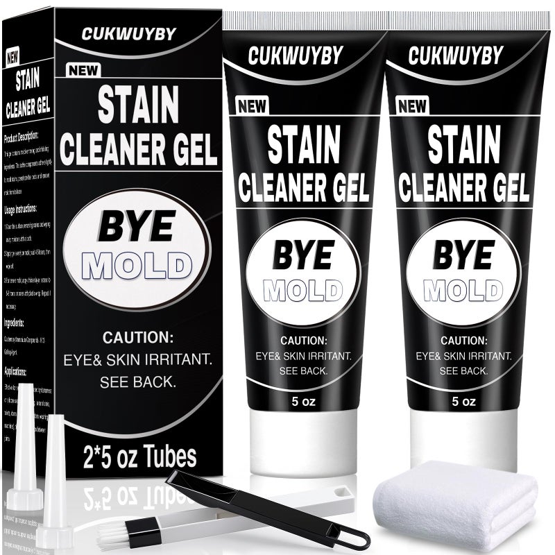 10 Oz Black Stain Cleaner Gel Home Cleaner for Washing Machine Seal Shower Bathroom Grout Sinks Caulk Cleaner Stain Heavy Duty Gel with Brush (2 Pack 5 Oz) - Image 1