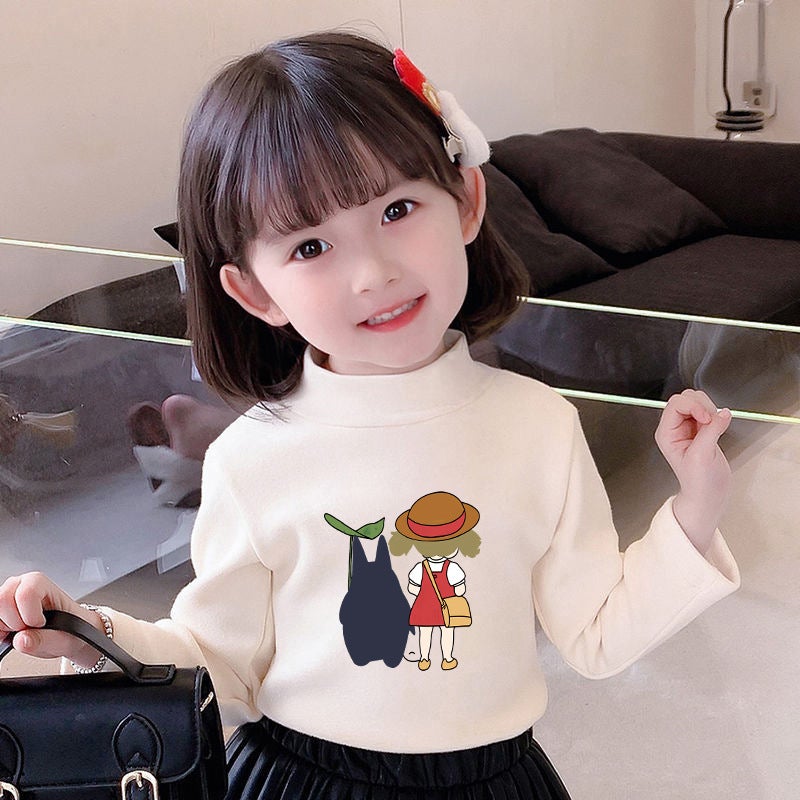 Children's Base Shirt Half-high Collar Girl's White Autumn and Winter Baby's Long-sleeved T-shirt De-velvet Base T-shirt - Image 1