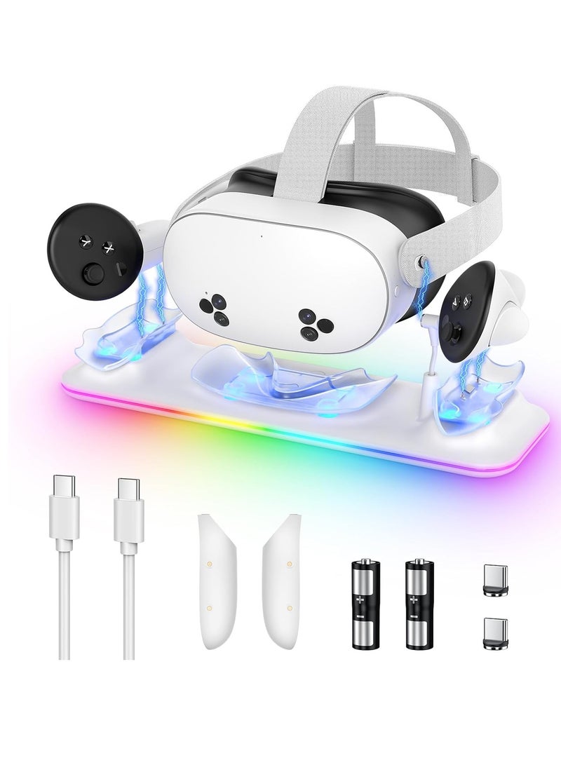 Charging Dock for Meta Quest 3S/3 Magnetic Charging Station for Oculus Quest 3S/3 Accessories with RGB Light Charging Stand for VR Headset and Controller with 2 Rechargeable Batteries - Image 2