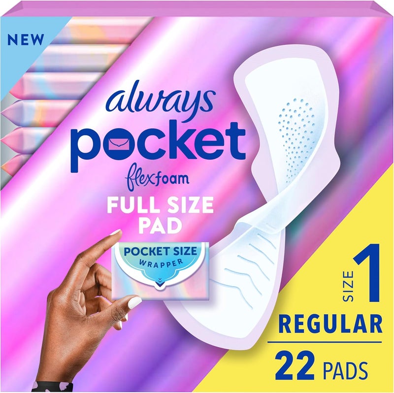 Always Pocket Feminine Pads for Women with FlexFoam, Size 1, Regular, with Wings, Unscented, 22 Count