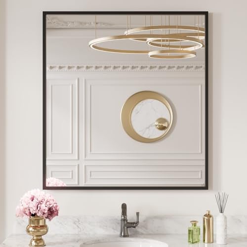 LOAAO 30X36 Black Rectangle Bathroom Mirror Wall Matte Black Aluminum Alloy Frame Tempered Glass Hangs Vertically or Horizontally Easy to Install