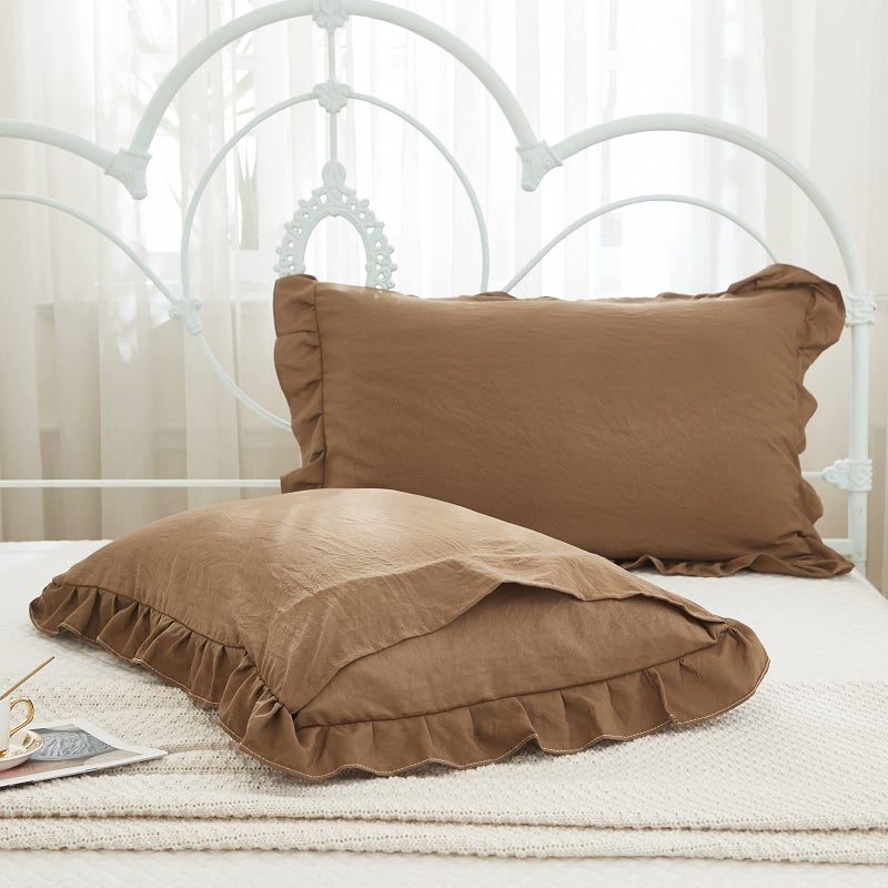 Merryword Brown Pillow Shams Coffee Brown Ruffle Standard Pillowcases Cute Pillow Cover Set of 2 Shabby Chic Soft Pillowcases 2 Pack (Queen (20''x30'')  Brown) - Image 4