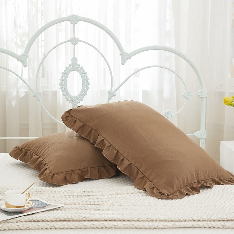 Merryword Brown Pillow Shams Coffee Brown Ruffle Standard Pillowcases Cute Pillow Cover Set of 2 Shabby Chic Soft Pillowcases 2 Pack (Queen (20''x30'')  Brown) - Image 3