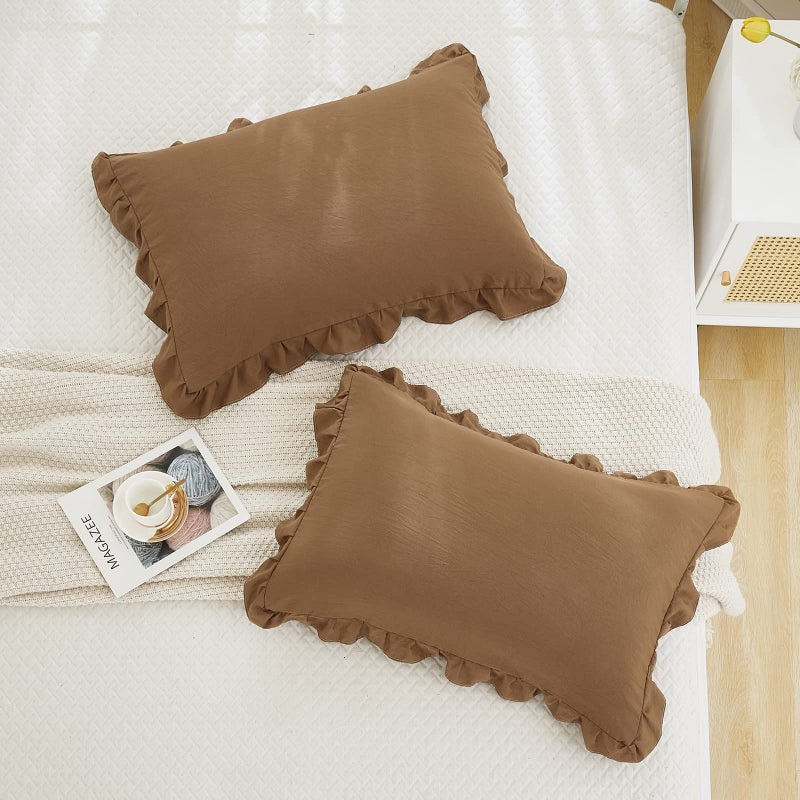 Merryword Brown Pillow Shams Coffee Brown Ruffle Standard Pillowcases Cute Pillow Cover Set of 2 Shabby Chic Soft Pillowcases 2 Pack (Queen (20''x30'')  Brown) - Image 5