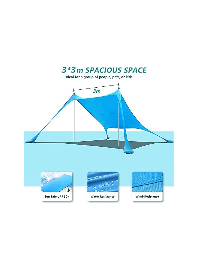 PROMASS Pop Up Beach Tent Sun Shelter Upf50+ With Sand Shovel, Ground Pegs And Stability Poles, Outdoor Shade For Camping Trips, Fishing, Backyard Fun Or Picnics (3Mx3M 4 Pole, Turquoise) - Image 2