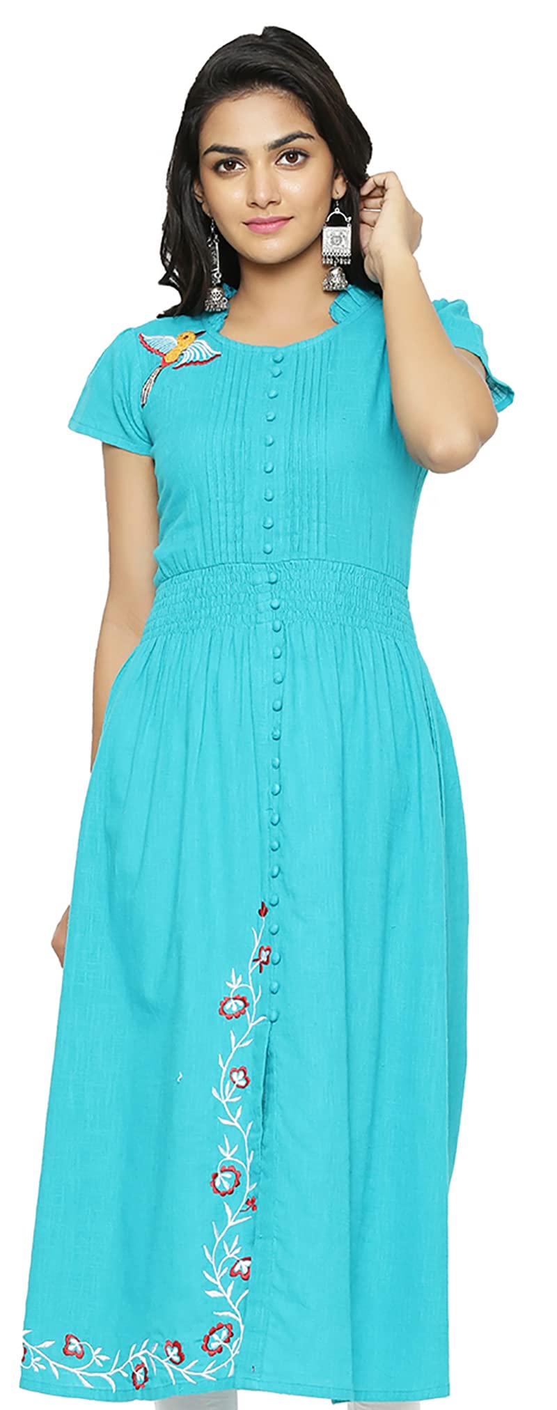 Yash Gallery Women's Cotton Slub Embroidered A-Line Regular Fit Kurta For Women (1034YKTEAL_Teal Blue_Medium) - Image 1