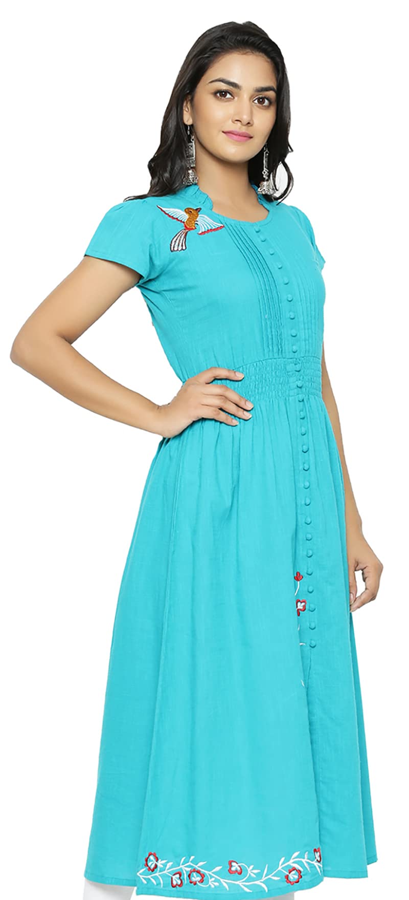 Yash Gallery Women's Cotton Slub Embroidered A-Line Regular Fit Kurta For Women (1034YKTEAL_Teal Blue_Medium) - Image 3