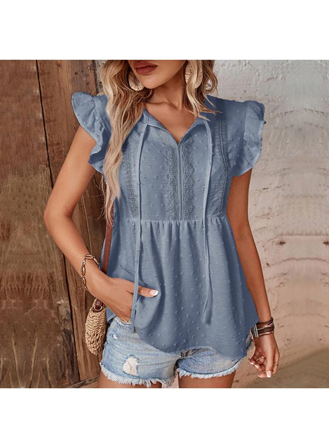 VUELO Independent Station Summer New Lotus Leaf Sleeve Top European And American Women's Casual Design Stitching Pullover Shirt  - Image 1