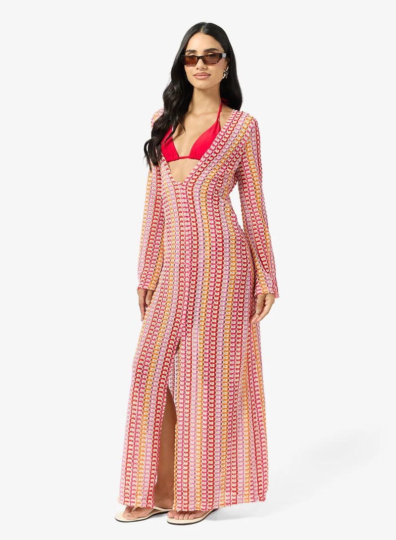 Ginger Plunge Neck Multi Stripe Crochet Dress