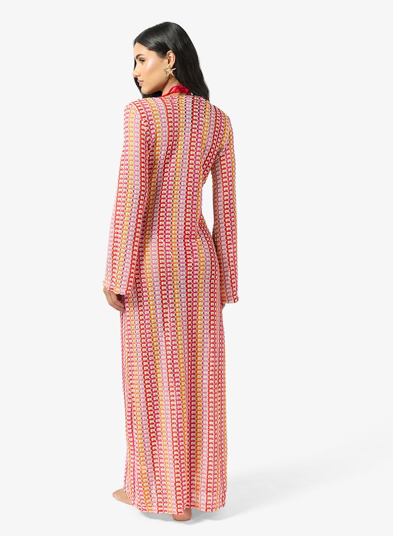 Ginger Plunge Neck Multi Stripe Crochet Dress - Image 2