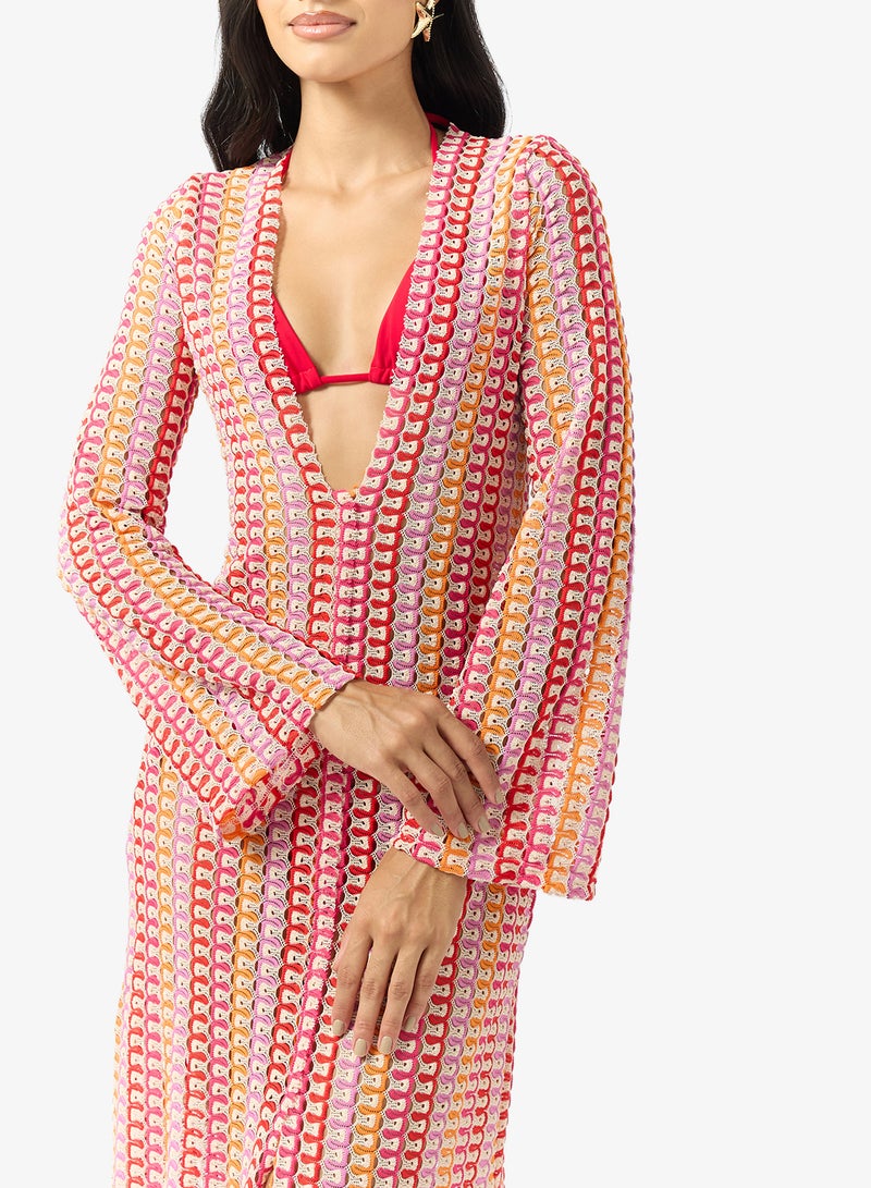 Ginger Plunge Neck Multi Stripe Crochet Dress - Image 3