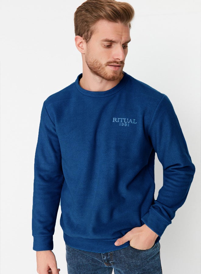 trendyol Petrol Regular/Normal Cut Crew Neck Anti-pilling Polar Fleece Text Print Sweatshirt - Image 1