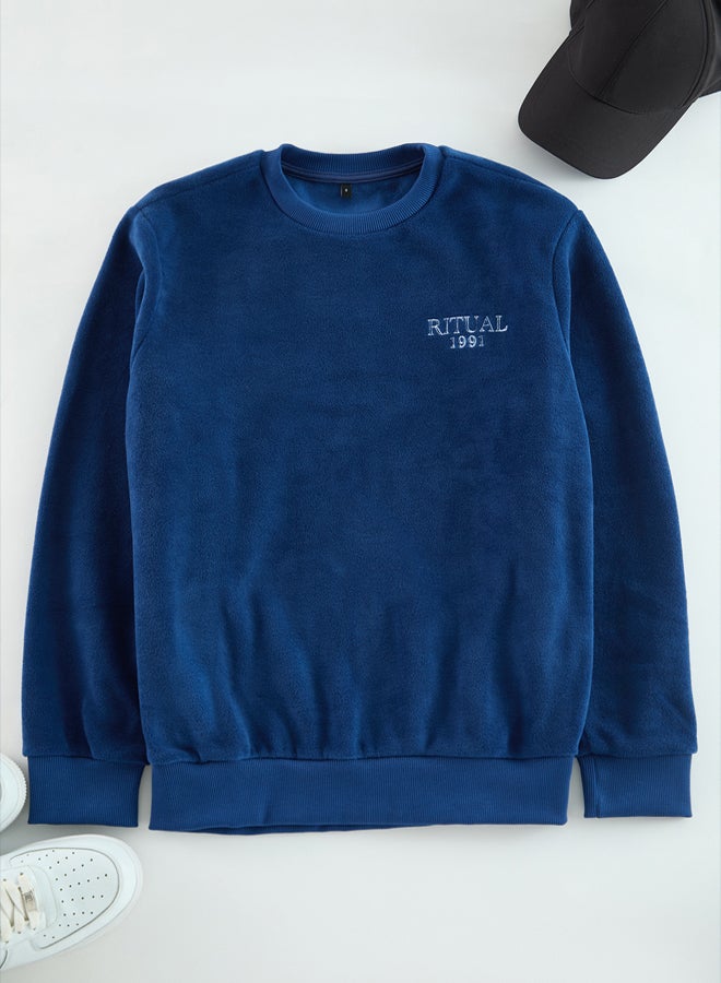 trendyol Petrol Regular/Normal Cut Crew Neck Anti-pilling Polar Fleece Text Print Sweatshirt - Image 5