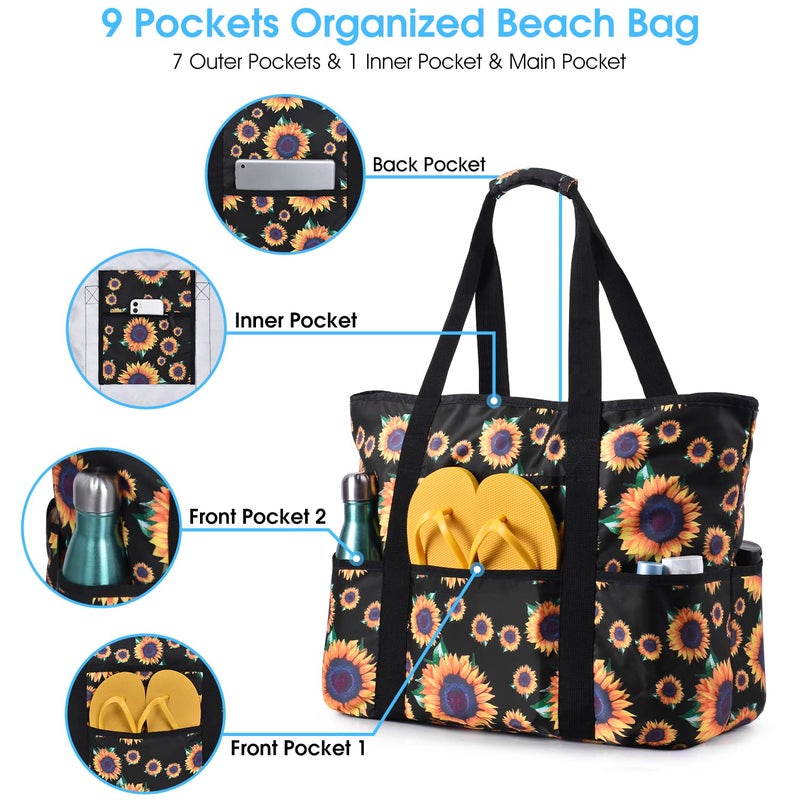 Becokan Beach Bags for Women Large Beach Tote Bag with Zipper Pockets Beach Bag Waterproof Sandproof Travel Nurse Tote Bag - Image 3