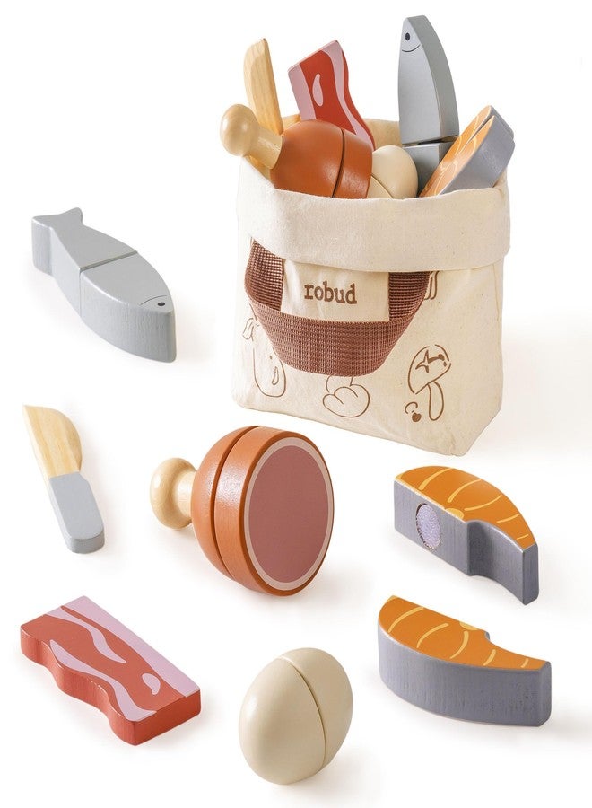 ROBUD Wooden Play Food Set, Cutting Toy Food for Pretend Kids Play Kitchen Accessories Toy Food with Storage Bag, Toys Gifts for 3+ Year Old Girls Boys, Meat Set - Image 1