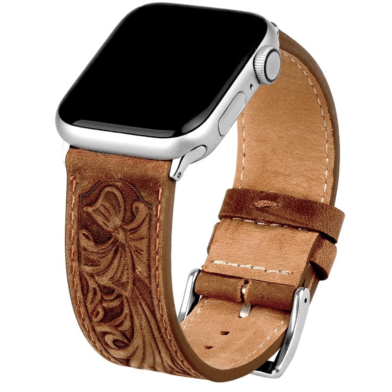 Deeplus for Apple Watch Band 42mm 41mm 40mm 38mm, Handmade Carved Bump Genuine Leather Replacement Strap for iWatch Series 10 9 8 7 6 5 SE, Retro Brown - Image 1
