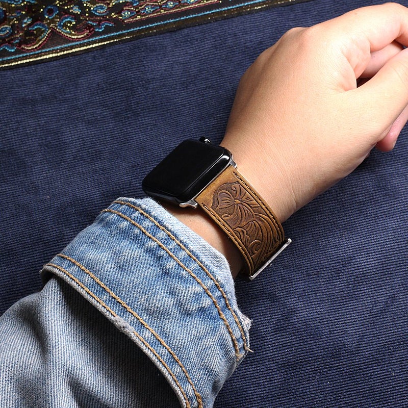 Deeplus for Apple Watch Band 42mm 41mm 40mm 38mm, Handmade Carved Bump Genuine Leather Replacement Strap for iWatch Series 10 9 8 7 6 5 SE, Retro Brown - Image 3