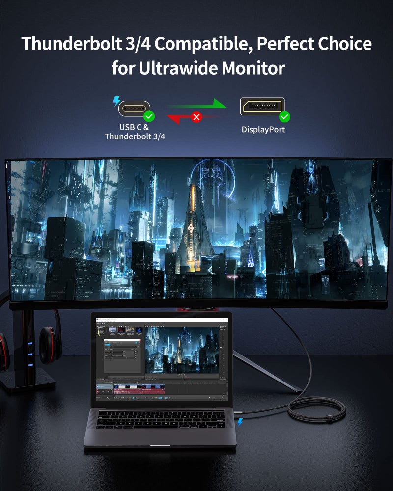 Silkland كابل Silkland USB C إلى DisplayPort 1.4 بطول 15 قدم [8K@60Hz، 4K@144Hz 120Hz، 2K@240Hz]، كابل 5K من نوع C إلى DP 1.4، [32.4 جيجابت في الثانية، متوافق مع Thunderbolt 4/3] لجهاز MacBook Pro 2022، M1 Mac mini، iPad Pro، XPS - Image 3