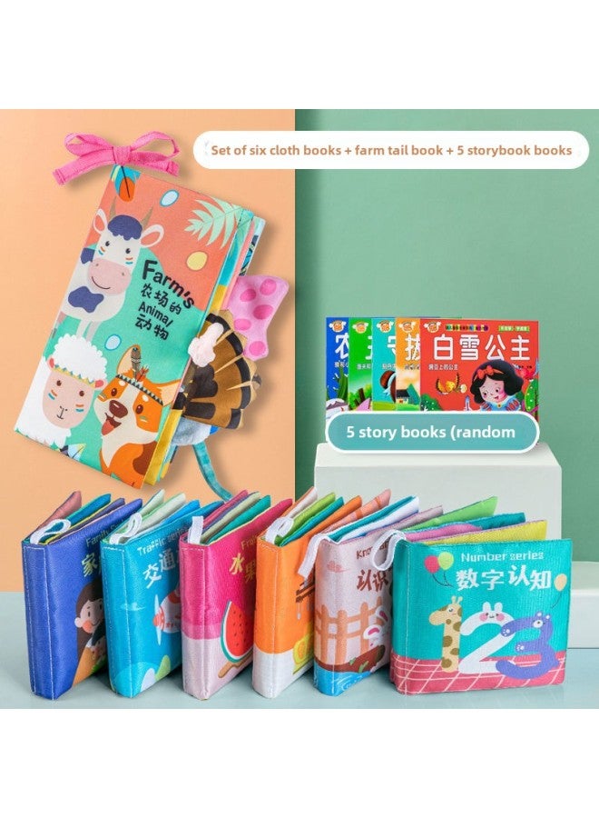 Baby Cloth Book Early Education Baby Tear Can Bite Toys Stereo Audio 0-1 Years Old Cognition 3-6 Months-Colour:Six-book Set + Farm Tail + Gifts  - Image 1