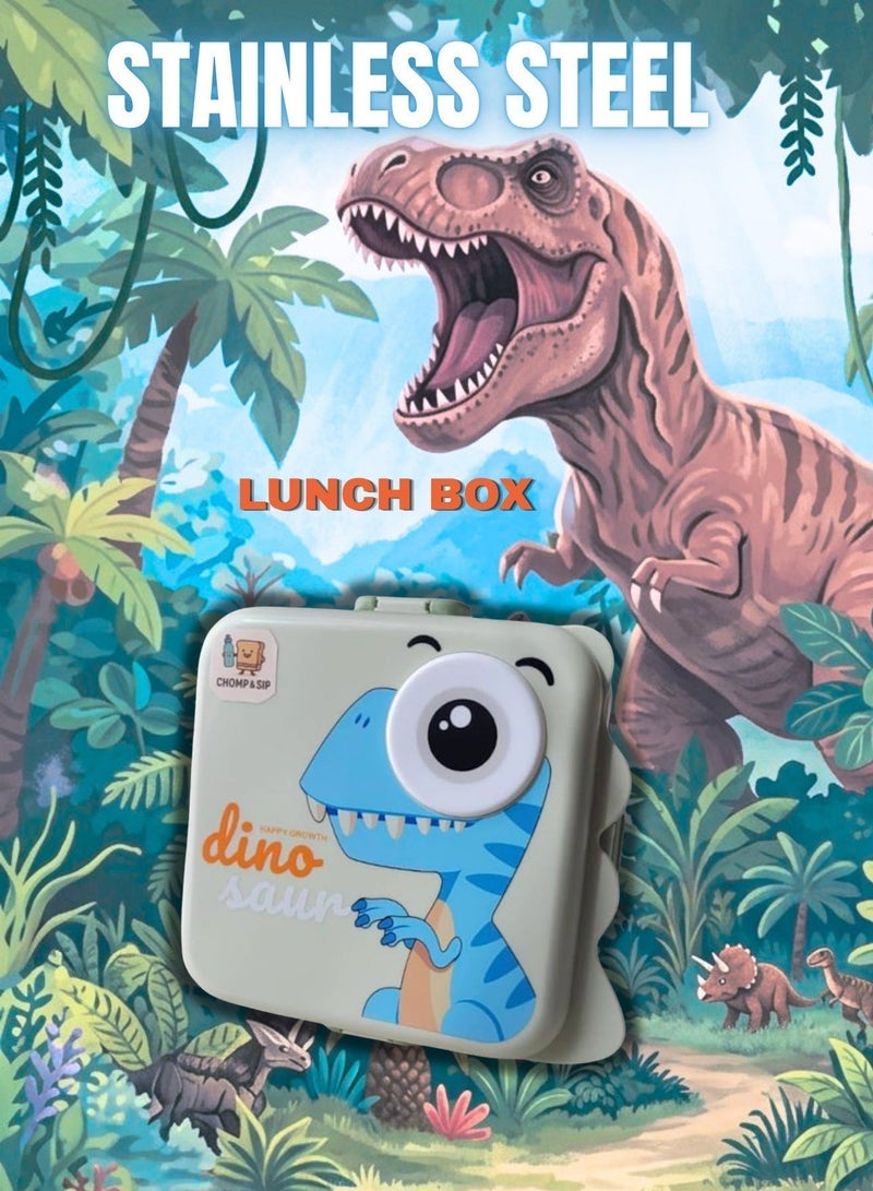 TAJ BAZAAR Dino Kids Lunch Box Stainless Steel Insulated – Double Decker Leakproof Bento Box with Spoon, Soup Bowl, Dishwasher Safe, for School or Travel– Ideal for Children (Dino Grey Color) - Image 4